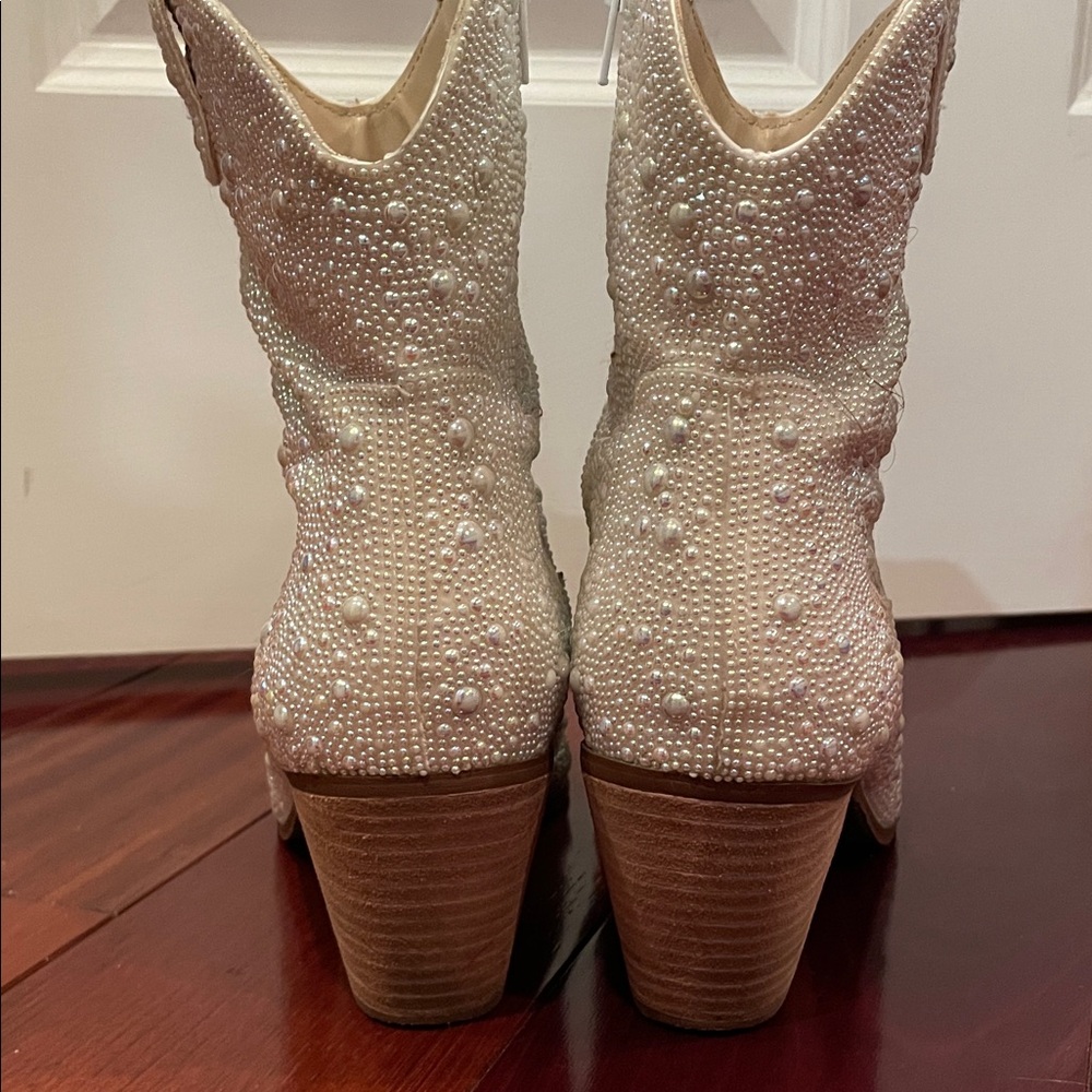 Betsey Johnson Pearl-Embellished Cream Ankle Booties - Picture 2 of 4